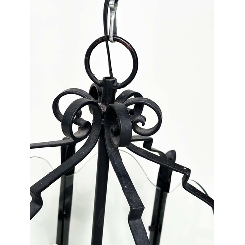 194 - HALL LANTERN, Italian style hexagonal wrought iron and glazed with three branch fitting, 46cm W x 63... 