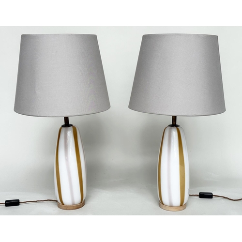 195 - TABLE LAMPS, a pair, 'Coffee' striped opaline glass each with base and shade, 78cm H. (2)