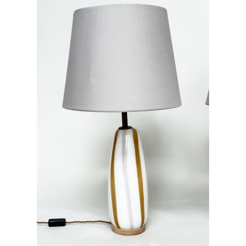 195 - TABLE LAMPS, a pair, 'Coffee' striped opaline glass each with base and shade, 78cm H. (2)