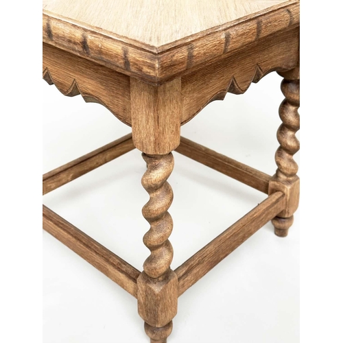 196 - OCCASIONAL TABLES, a pair, early 20th century oak each square with barley twist stretchered supports... 