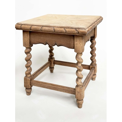 196 - OCCASIONAL TABLES, a pair, early 20th century oak each square with barley twist stretchered supports... 