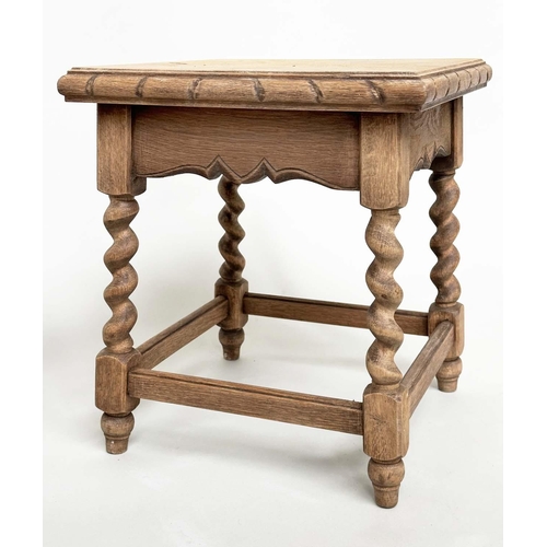 196 - OCCASIONAL TABLES, a pair, early 20th century oak each square with barley twist stretchered supports... 