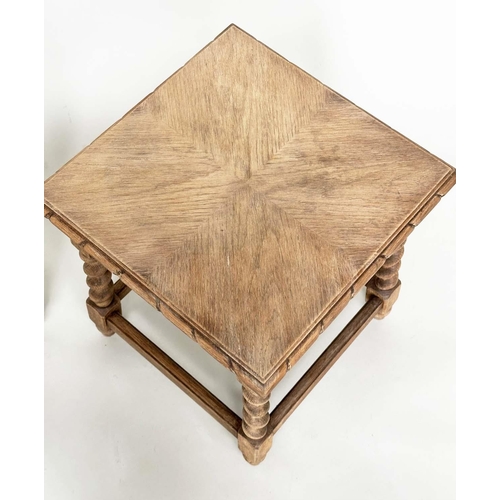 196 - OCCASIONAL TABLES, a pair, early 20th century oak each square with barley twist stretchered supports... 