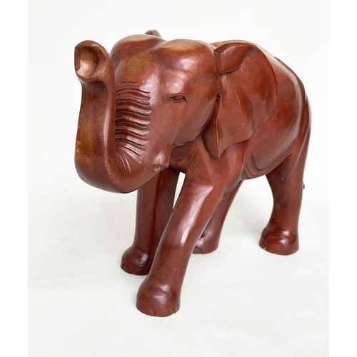 197 - ELEPHANT, Indian carved well patinated solid elm, 83cm W x 63cm H.