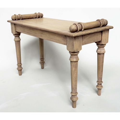 198 - HALL BENCH, 19th century style vintage rectangular bleached mahogany with 'bolster' handles, 76cm W ... 