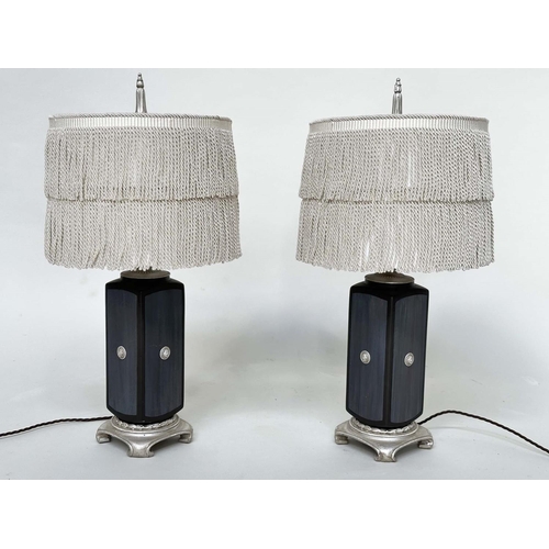 199 - TABLE LAMPS, a pair, Versace style black with silvered lion mask and base detail with 'tassle' shade... 