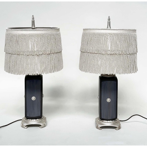 199 - TABLE LAMPS, a pair, Versace style black with silvered lion mask and base detail with 'tassle' shade... 