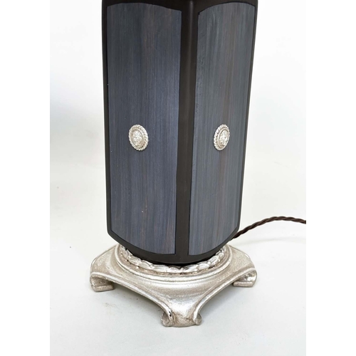 199 - TABLE LAMPS, a pair, Versace style black with silvered lion mask and base detail with 'tassle' shade... 