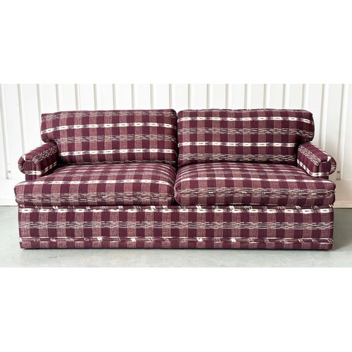 200 - SOFA, Swedish check purple/white upholstery with scroll arms, 203cm W.