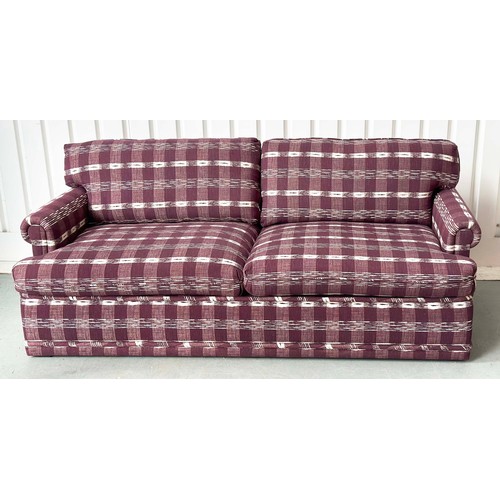 200 - SOFA, Swedish check purple/white upholstery with scroll arms, 203cm W.