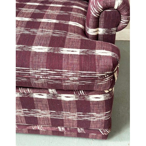 200 - SOFA, Swedish check purple/white upholstery with scroll arms, 203cm W.