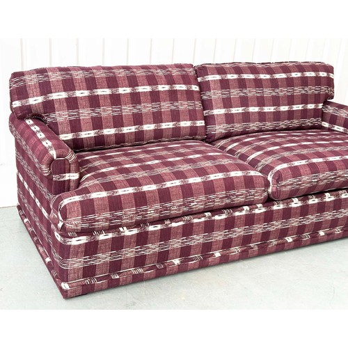 200 - SOFA, Swedish check purple/white upholstery with scroll arms, 203cm W.