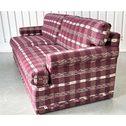 200 - SOFA, Swedish check purple/white upholstery with scroll arms, 203cm W.