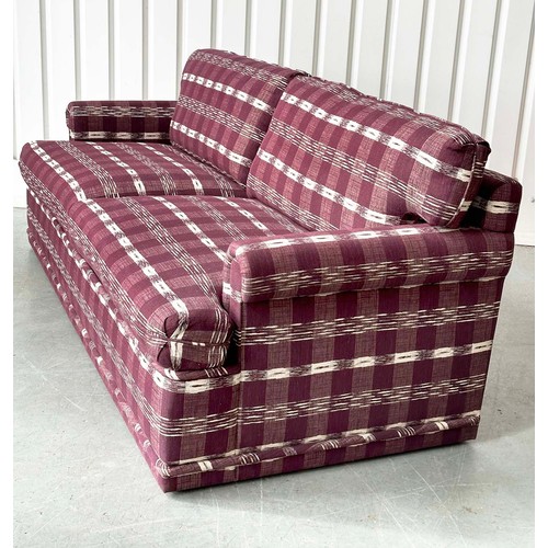 200 - SOFA, Swedish check purple/white upholstery with scroll arms, 203cm W.