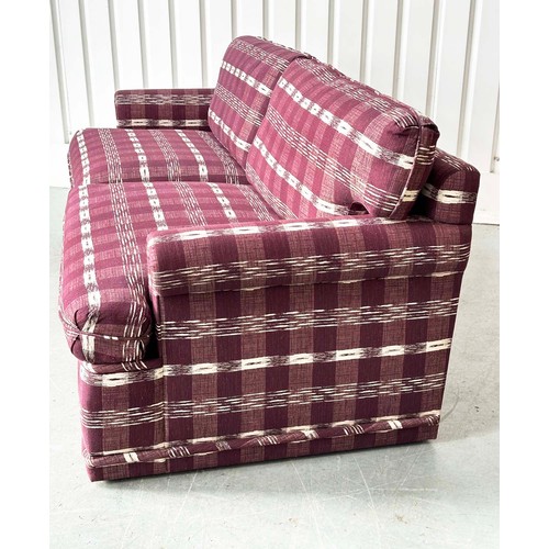 200 - SOFA, Swedish check purple/white upholstery with scroll arms, 203cm W.