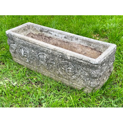 201 - WINDOW BOX PLANTER, well weathered reconstituted stone rectangular with neo classical decoration, 71... 