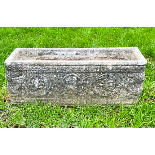 201 - WINDOW BOX PLANTER, well weathered reconstituted stone rectangular with neo classical decoration, 71... 