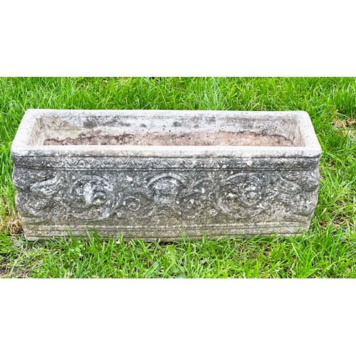 201 - WINDOW BOX PLANTER, well weathered reconstituted stone rectangular with neo classical decoration, 71... 