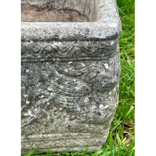 201 - WINDOW BOX PLANTER, well weathered reconstituted stone rectangular with neo classical decoration, 71... 