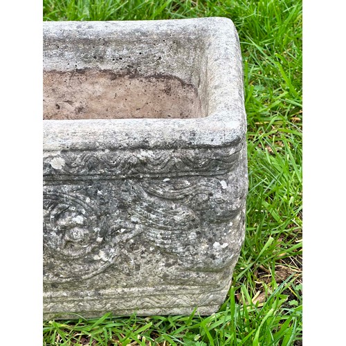 201 - WINDOW BOX PLANTER, well weathered reconstituted stone rectangular with neo classical decoration, 71... 