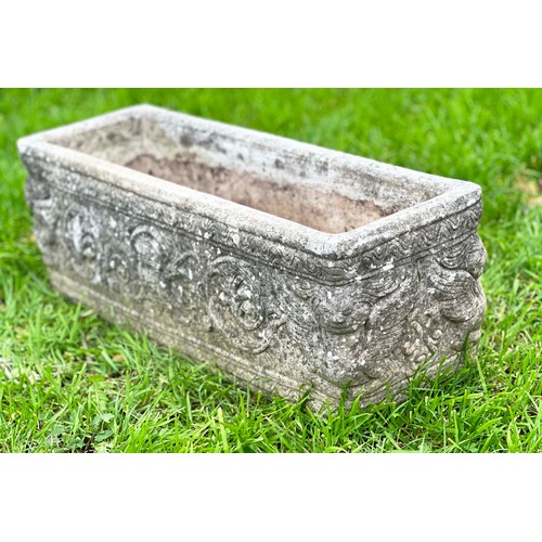 201 - WINDOW BOX PLANTER, well weathered reconstituted stone rectangular with neo classical decoration, 71... 