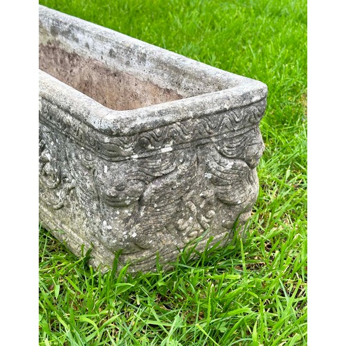 201 - WINDOW BOX PLANTER, well weathered reconstituted stone rectangular with neo classical decoration, 71... 