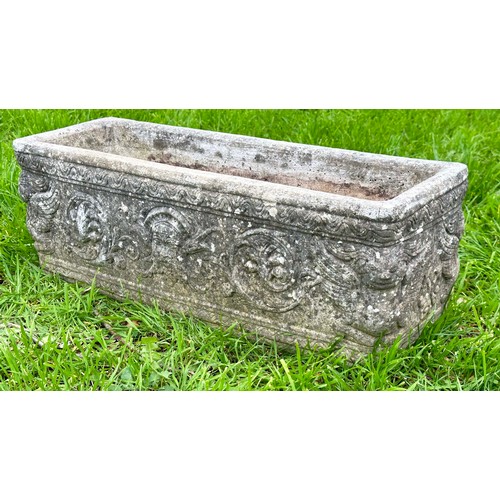 201 - WINDOW BOX PLANTER, well weathered reconstituted stone rectangular with neo classical decoration, 71... 