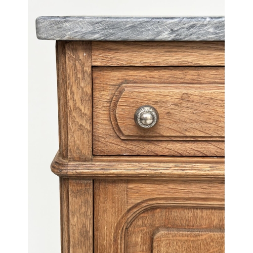 206 - BEDSIDE CABINETS, a pair, 19th century French oak, each with drawer, and panelled door with grey mar... 