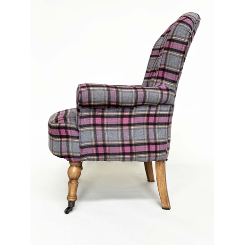 219 - ARMCHAIR, Victorian style plaid upholstered with scroll arms, button back and turned supports, 80cm ... 