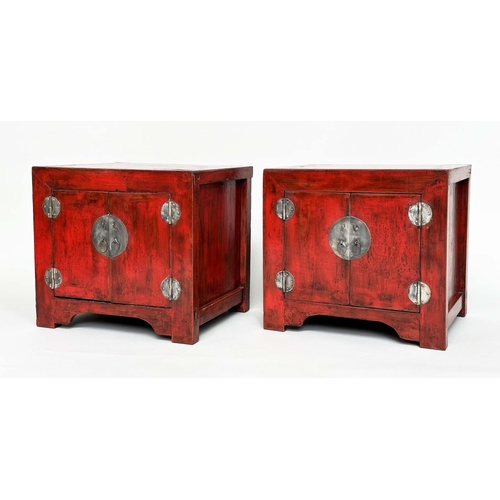 259 - CHINESE CABINETS, a pair, cube form Chinese scarlet lacquered and silvered metal mounted, 60cm x 51c... 