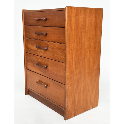 261 - TALL CHEST, 1970s teak with five long drawers and hardwood bale handles, 69cm W x 42cm D x 91cm H.