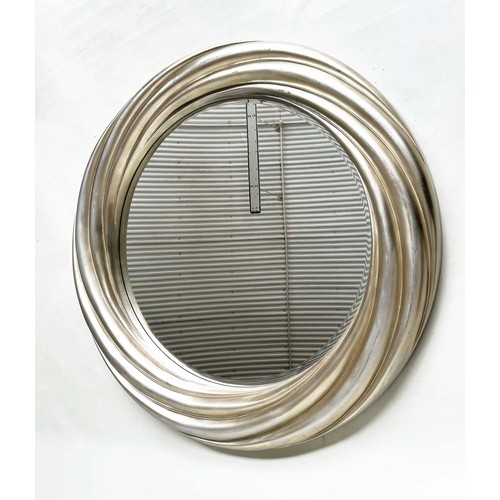 278 - R. V. ASTLEY CIRCULAR WALL MIRROR, leaf silvered rope swirl with bevelled mirror plate, 114cm W.