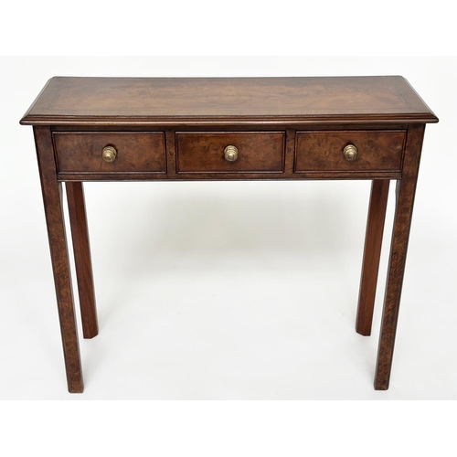 104 - HALL TABLE, George III design burr walnut and crossbanded with three frieze drawers and tapering sup... 