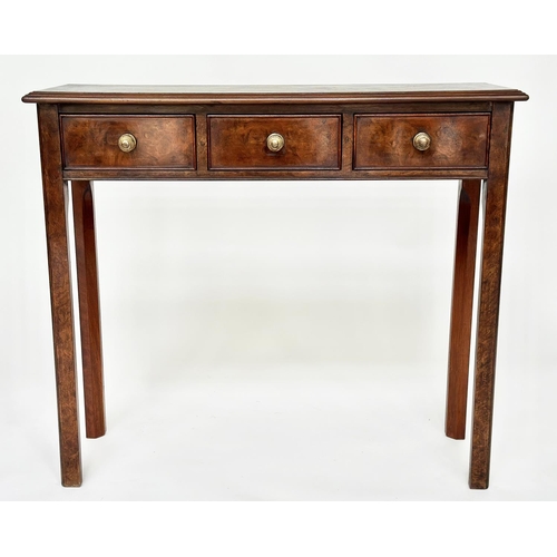 104 - HALL TABLE, George III design burr walnut and crossbanded with three frieze drawers and tapering sup... 