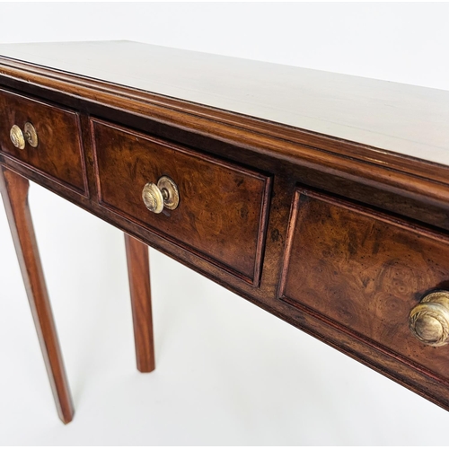 104 - HALL TABLE, George III design burr walnut and crossbanded with three frieze drawers and tapering sup... 