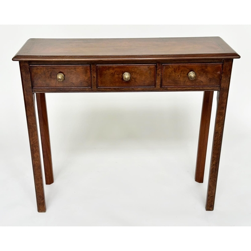 104 - HALL TABLE, George III design burr walnut and crossbanded with three frieze drawers and tapering sup... 