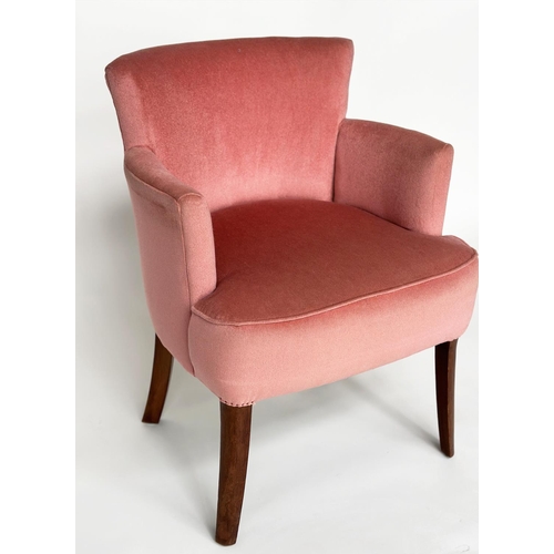 105 - BRIDGE ARMCHAIR, mid 20th century rose velvet upholstered with tapering supports.