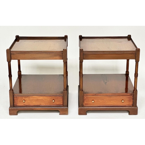 106 - LAMP TABLES, a pair, George III design yewwood, each with brushing slide, two tiers and drawer, 56cm... 