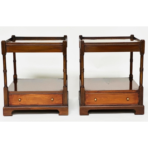 106 - LAMP TABLES, a pair, George III design yewwood, each with brushing slide, two tiers and drawer, 56cm... 