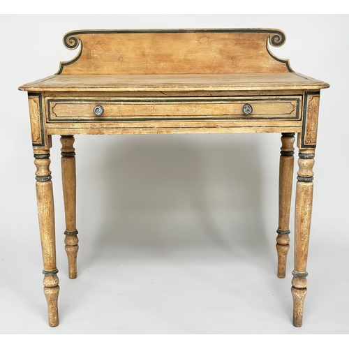 120 - WRITING TABLE, Victorian grey painted with scroll upstand, frieze drawer and turned tapering support... 