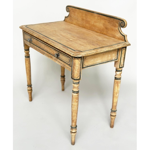 120 - WRITING TABLE, Victorian grey painted with scroll upstand, frieze drawer and turned tapering support... 