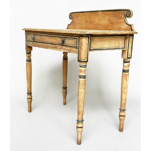 120 - WRITING TABLE, Victorian grey painted with scroll upstand, frieze drawer and turned tapering support... 