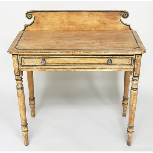 120 - WRITING TABLE, Victorian grey painted with scroll upstand, frieze drawer and turned tapering support... 