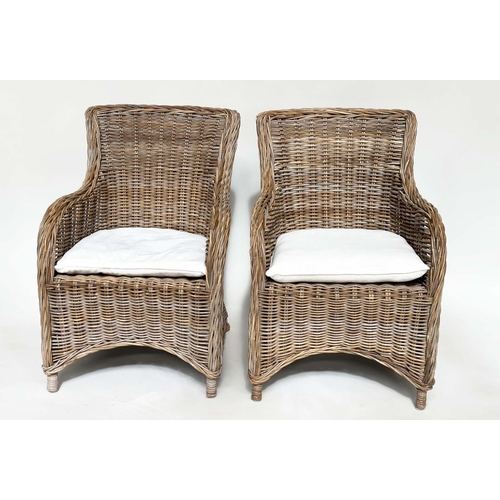 121 - ORANGERY ARMCHAIRS, a pair, rattan framed and woven with cushion seats. (2)