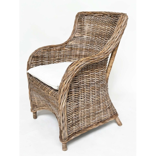 121 - ORANGERY ARMCHAIRS, a pair, rattan framed and woven with cushion seats. (2)