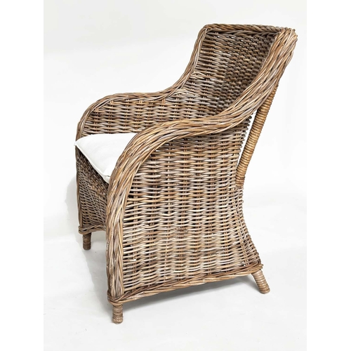 121 - ORANGERY ARMCHAIRS, a pair, rattan framed and woven with cushion seats. (2)