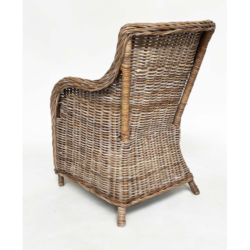 121 - ORANGERY ARMCHAIRS, a pair, rattan framed and woven with cushion seats. (2)