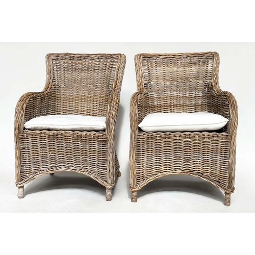 121 - ORANGERY ARMCHAIRS, a pair, rattan framed and woven with cushion seats. (2)