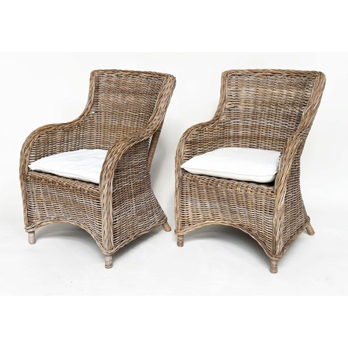 121 - ORANGERY ARMCHAIRS, a pair, rattan framed and woven with cushion seats. (2)