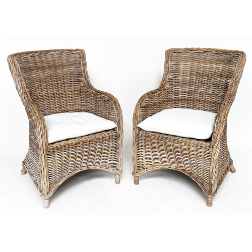 121 - ORANGERY ARMCHAIRS, a pair, rattan framed and woven with cushion seats. (2)